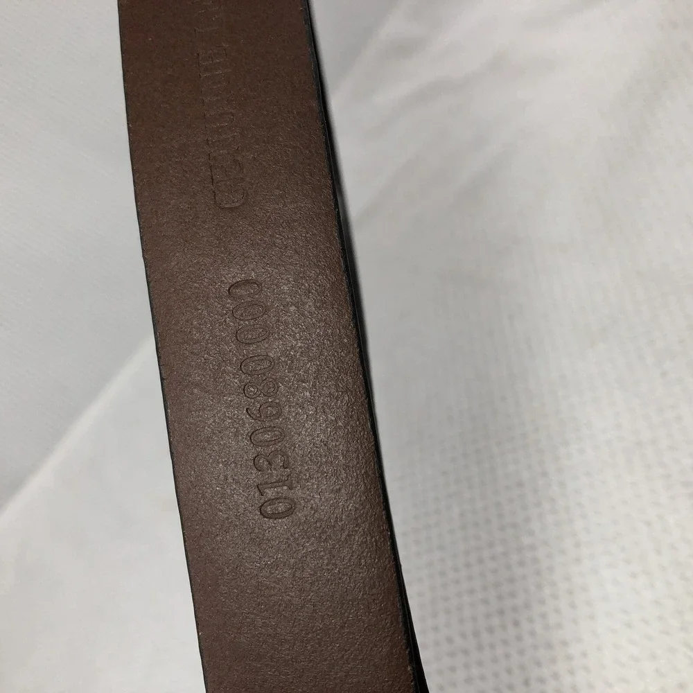 Genuine leather dress belt men's 38-42 brown‎ brass buckle stitch accent